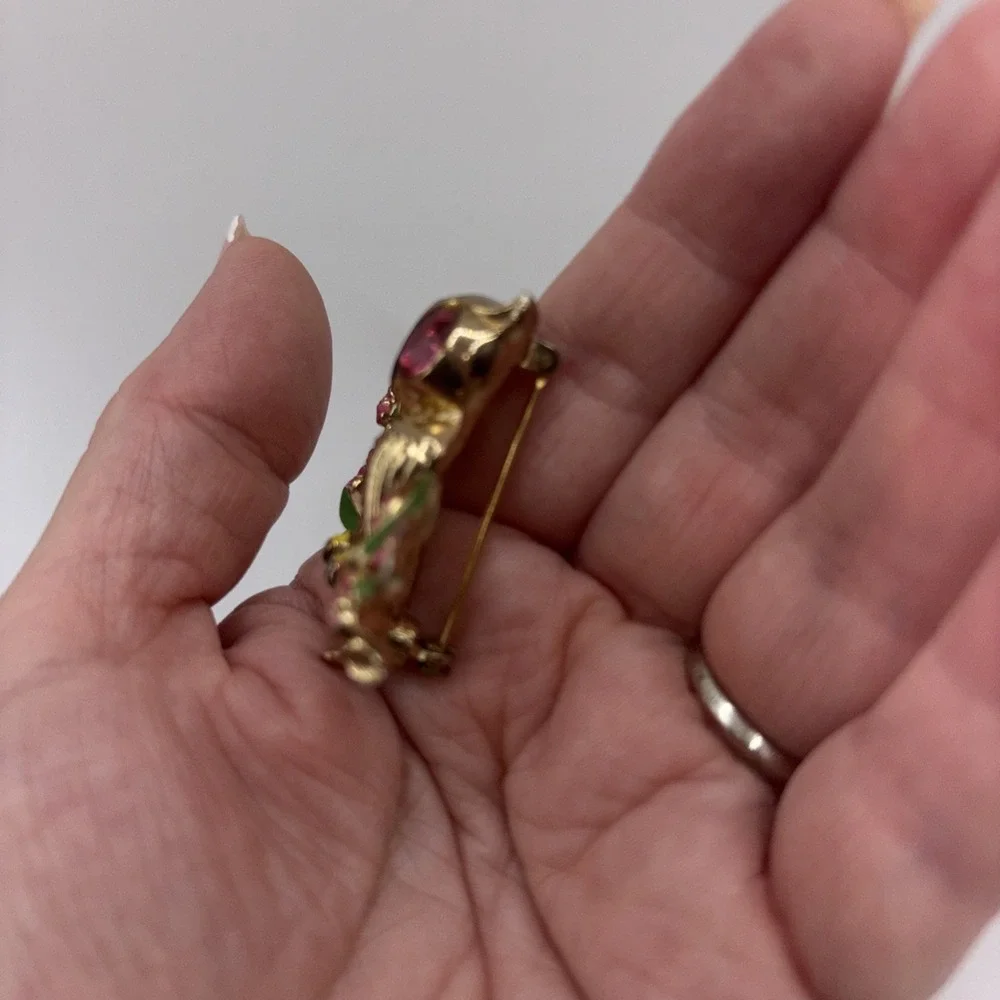 Coro Vintage Owl Pink Rhinestone Eyes With Flowers Gold Toned Brooch Pin - Picture 7 of 11